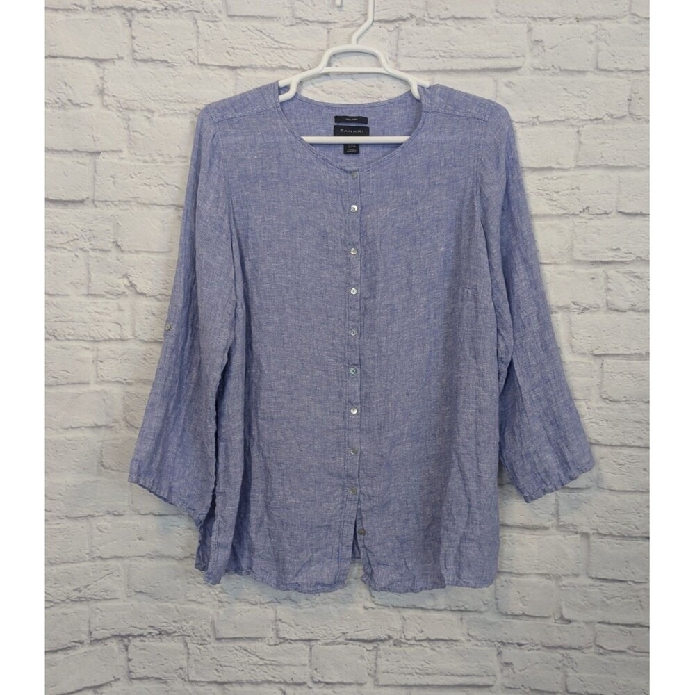 TAHARI 100% Linen My Perfect Shape 2X Button Front Blue Tunic Blouse